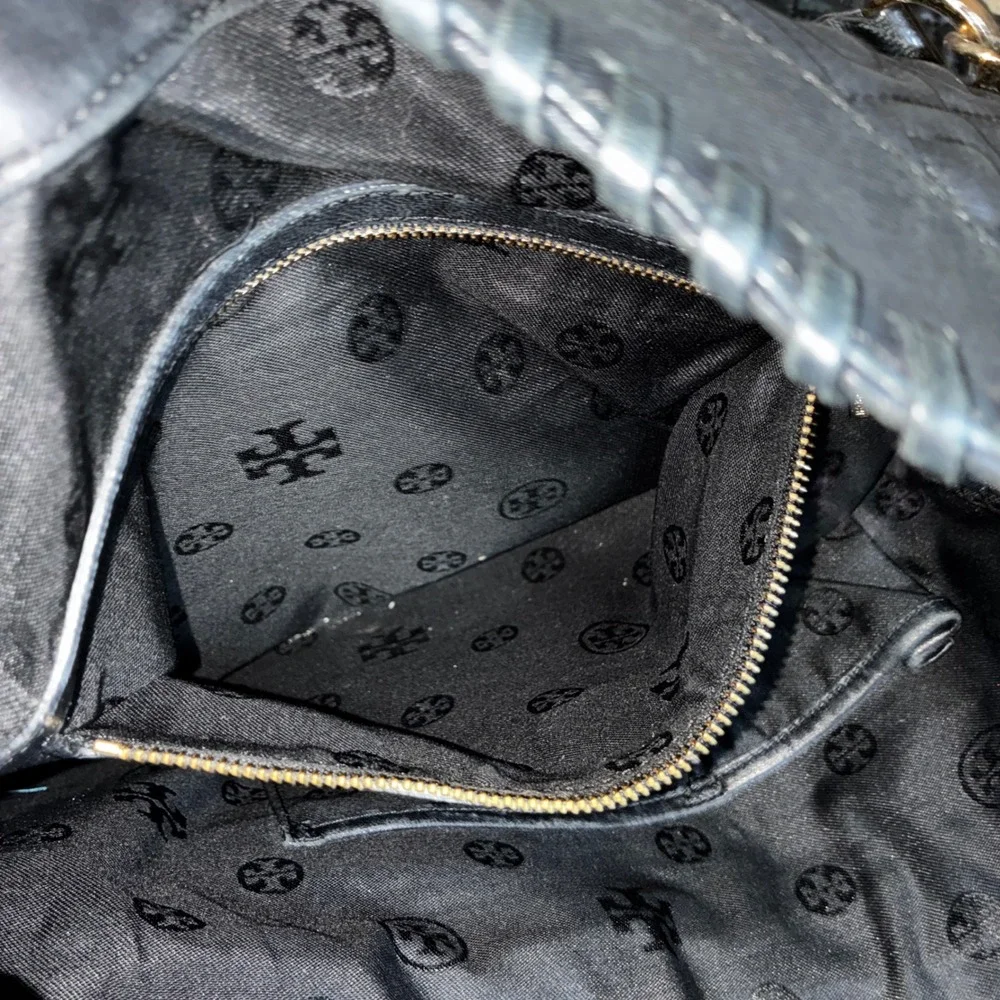 Tory Burch Marion Quilted Black Leather Tote Bag Gold Chain‎ Shoulder Bag Large